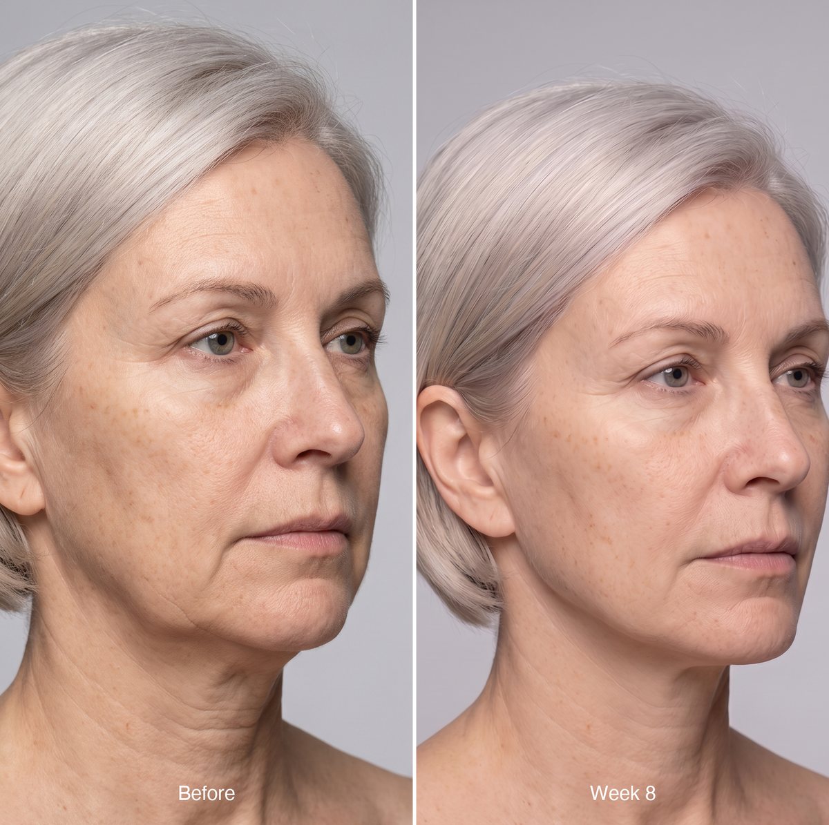 Same woman before and after 8 weeks of Cellics, jawline in profile