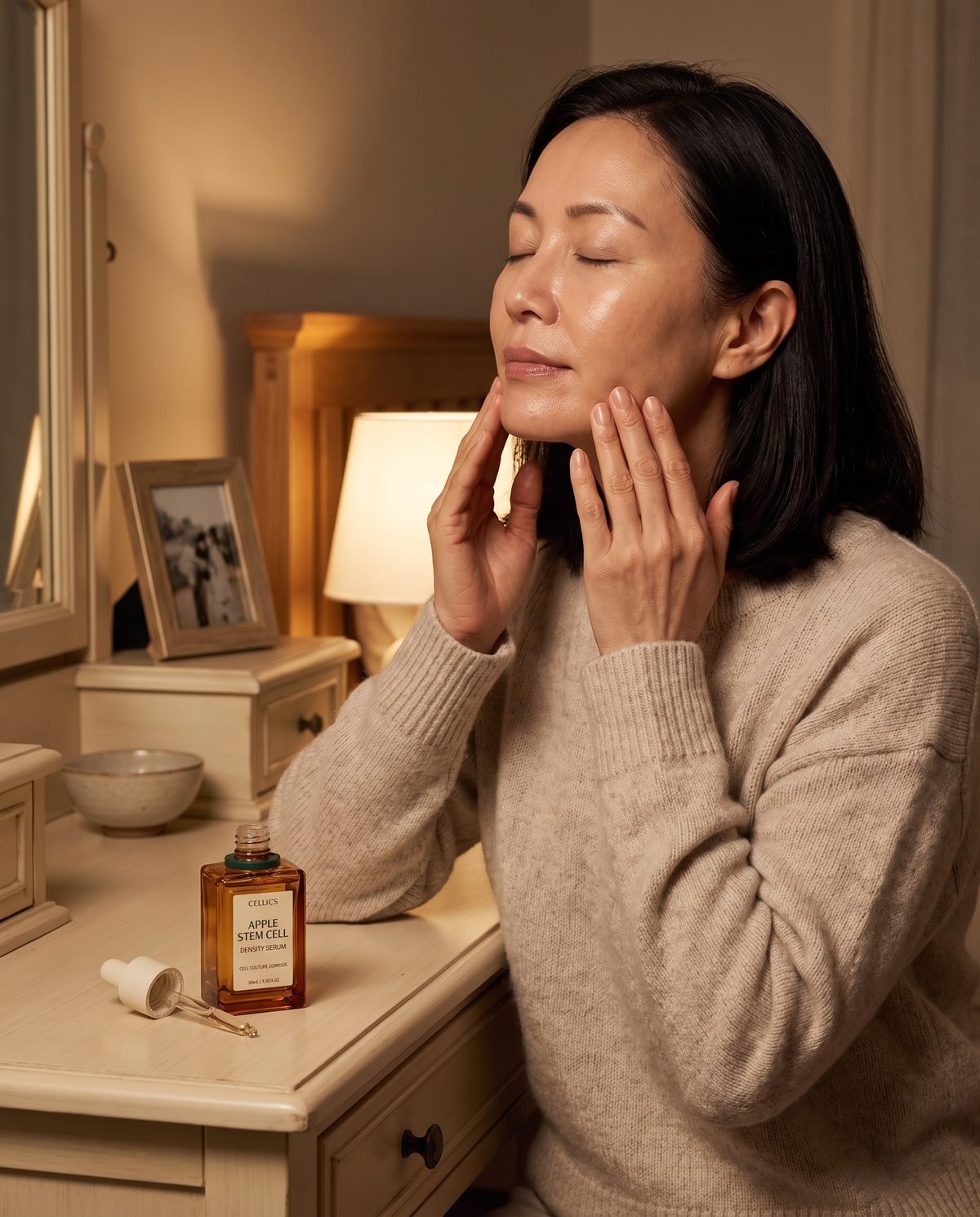 Woman pressing Cellics serum into her jawline at night